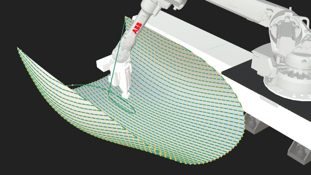 Robotic arm executing automated sanding toolpath on a curved airplane canopy surface using Augmentus AutoSurface, with waypoints and surface normals visualized in 3D simulation