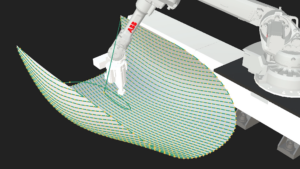 Robotic arm executing automated sanding toolpath on a curved airplane canopy surface using Augmentus AutoSurface, with waypoints and surface normals visualized in 3D simulation