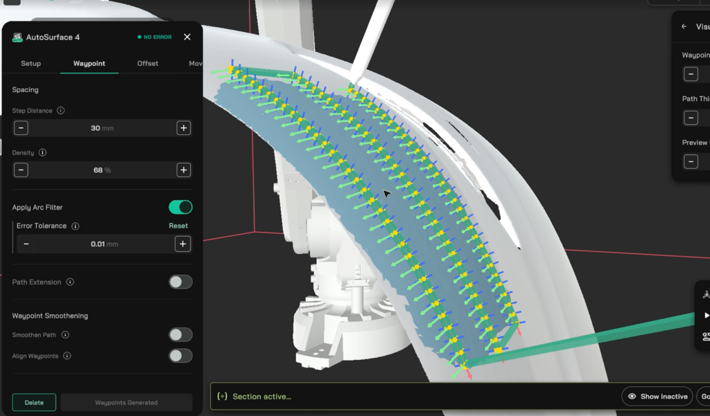 waypoints are projected uniformly across a curved surface with proper orientation using Augmentus' AutoSurface feature, with algorithms optimized to handle variable and complex geometries.