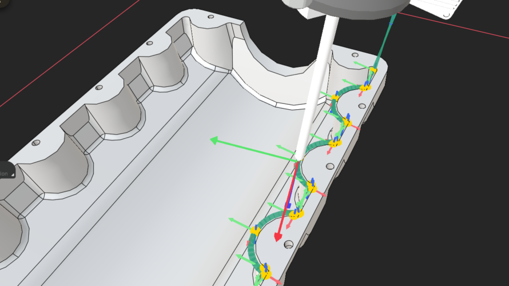 Augmentus' AutoEdge function is being used to generate toolpaths on a STEP file of an oil pan. The software retains edge data to enable quick and accurate edge toolpath generation.