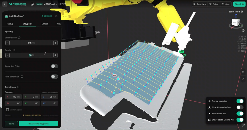 Augmentus' AutoSurface function is being used to generate uniform toolpaths along the surface of a 3D-scanned part, as the user adjusts the waypoint density.