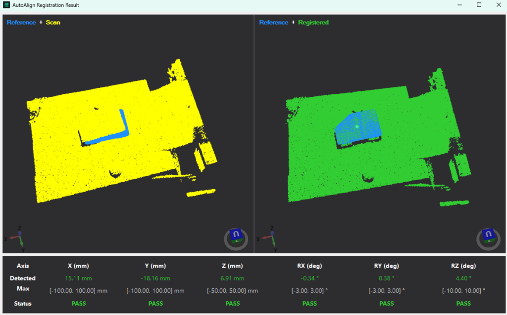 A screenshot from Augmentus' AutoAlign function, showing how the scan detects positional and rotational deviations from the original recorded part position.